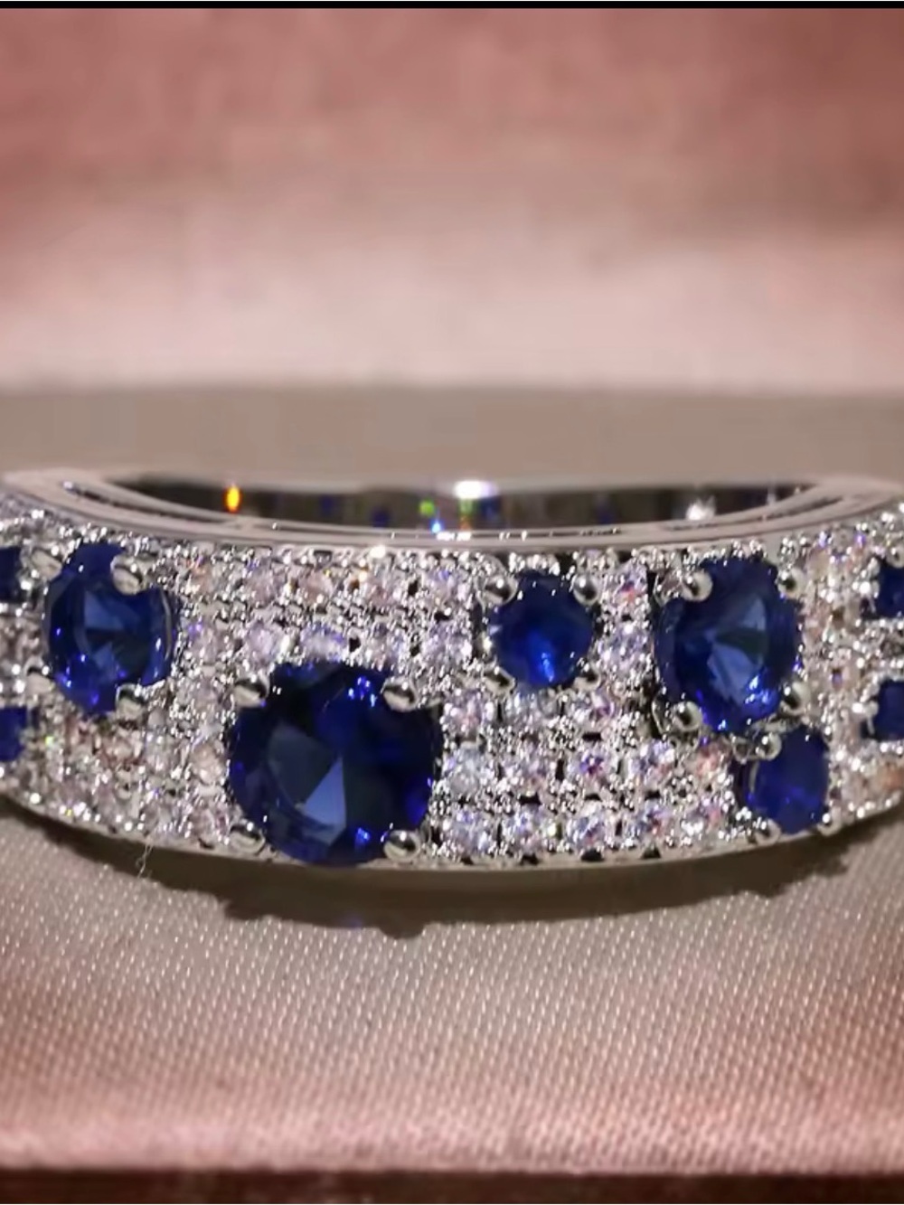 Sterling Silver Lab Blue Sapphire & White Sapphire Pavé Band Size 8 - Picture 2 of 4